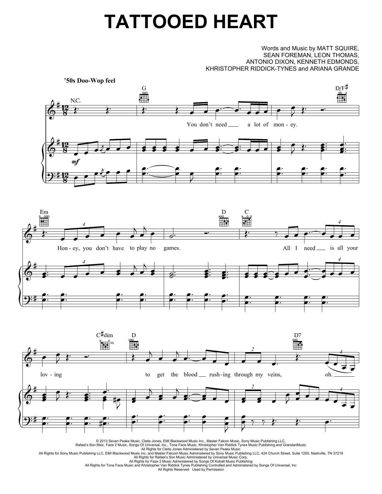 Download Ariana Grande Tattooed Heart Sheet Music and learn how to play Piano, Vocal & Guitar Chords (Right-Hand Melody) PDF digital score in minutes