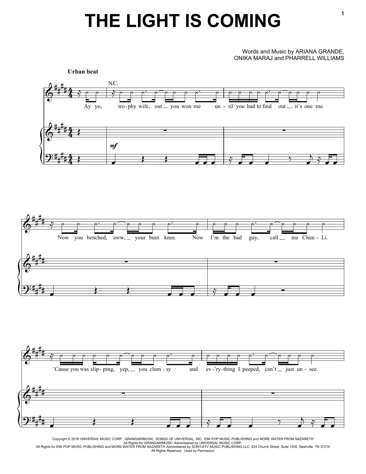 Download Ariana Grande The Light Is Coming (feat. Nicki Minaj) Sheet Music and learn how to play Piano, Vocal & Guitar Chords (Right-Hand Melody) PDF digital score in minutes