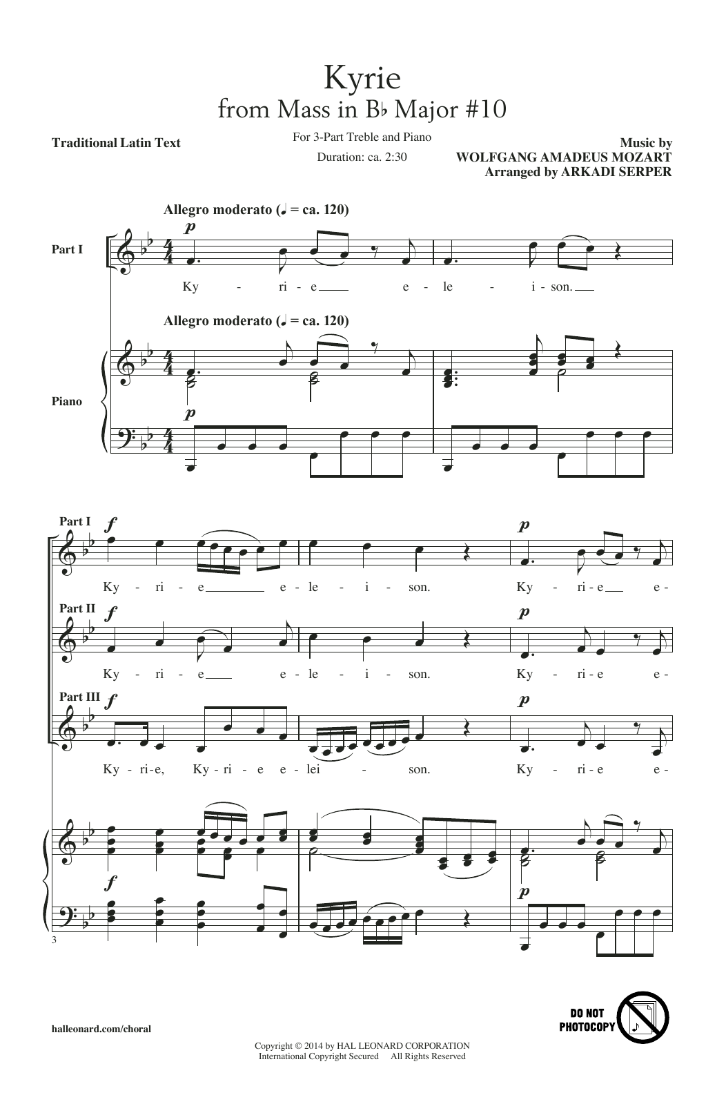 Download Arkadi Serper Kyrie (From The Mass In B-Flat Major #10) Sheet Music and learn how to play 3-Part Treble PDF digital score in minutes