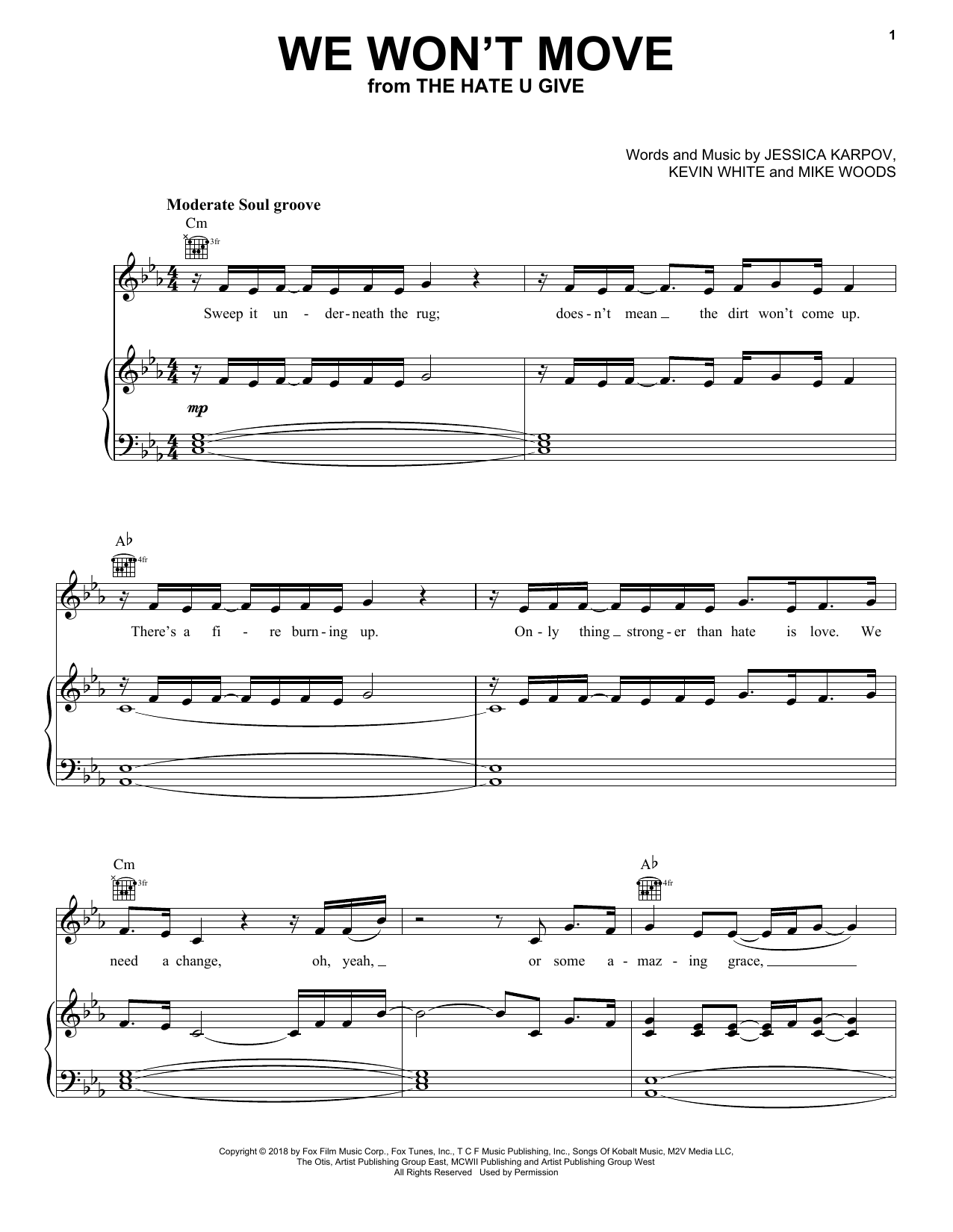 Download Arlissa We Won't Move Sheet Music and learn how to play Piano, Vocal & Guitar Chords (Right-Hand Melody) PDF digital score in minutes