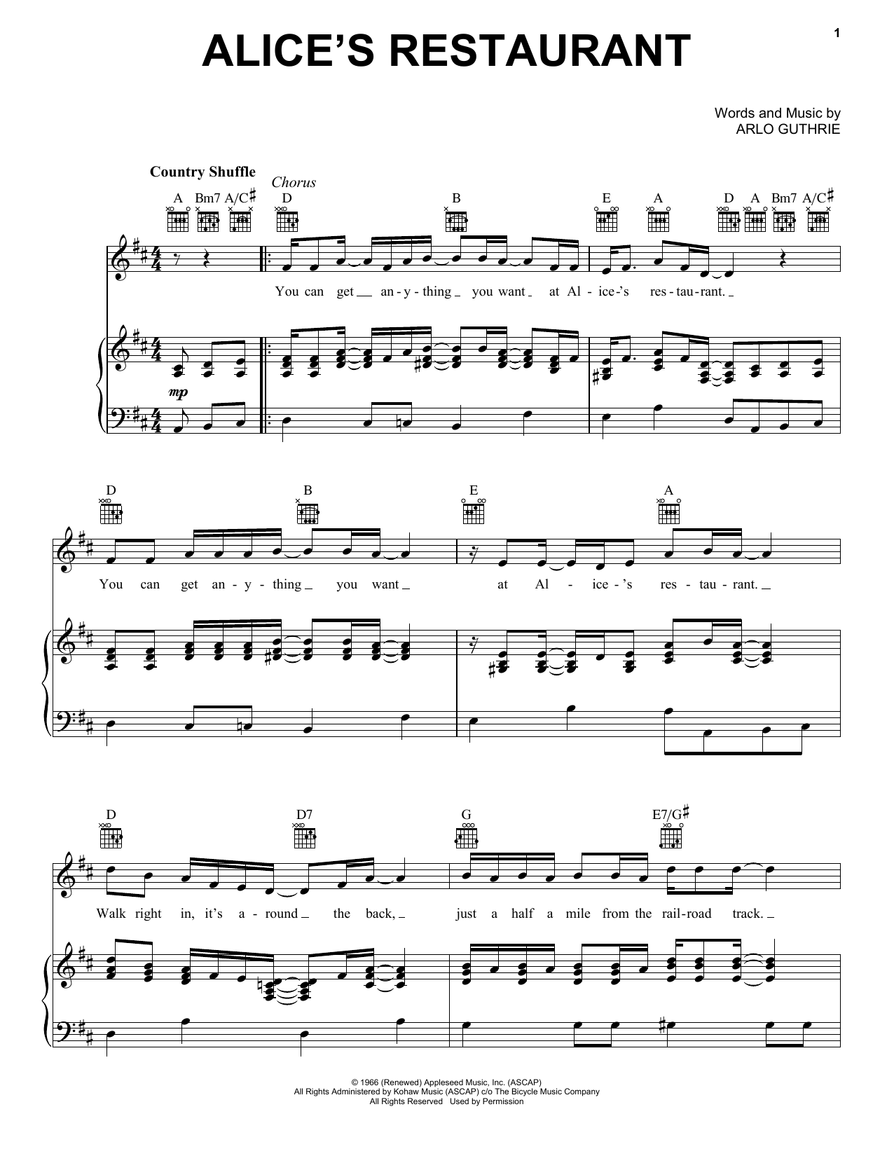 Download Arlo Guthrie Alice's Restaurant Sheet Music and learn how to play Piano, Vocal & Guitar (Right-Hand Melody) PDF digital score in minutes