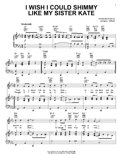 Download Armand J. Piron I Wish I Could Shimmy Like My Sister Kate Sheet Music and learn how to play Piano, Vocal & Guitar (Right-Hand Melody) PDF digital score in minutes