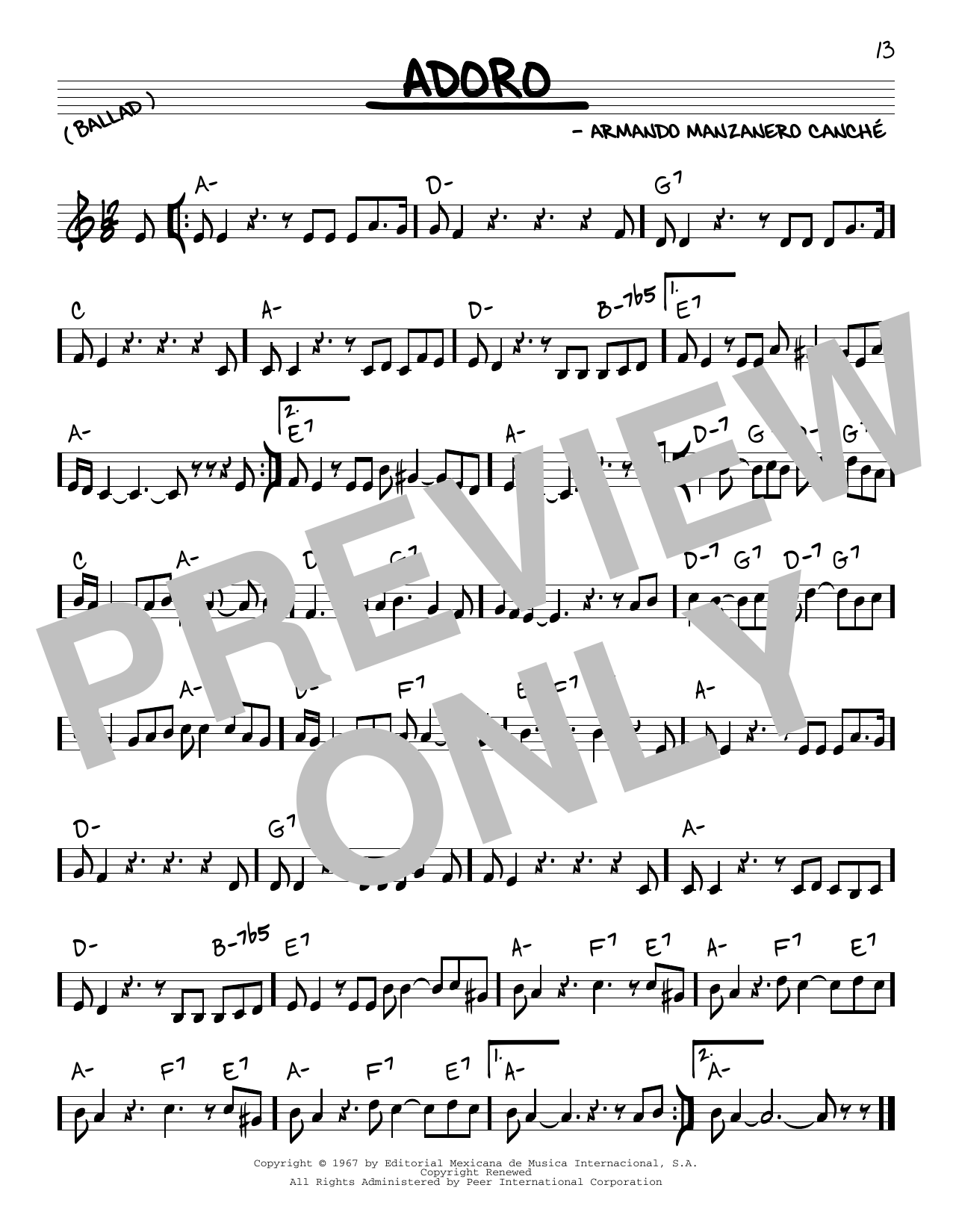 Download Armando Manzanero Canche Adoro Sheet Music and learn how to play Real Book – Melody & Chords PDF digital score in minutes