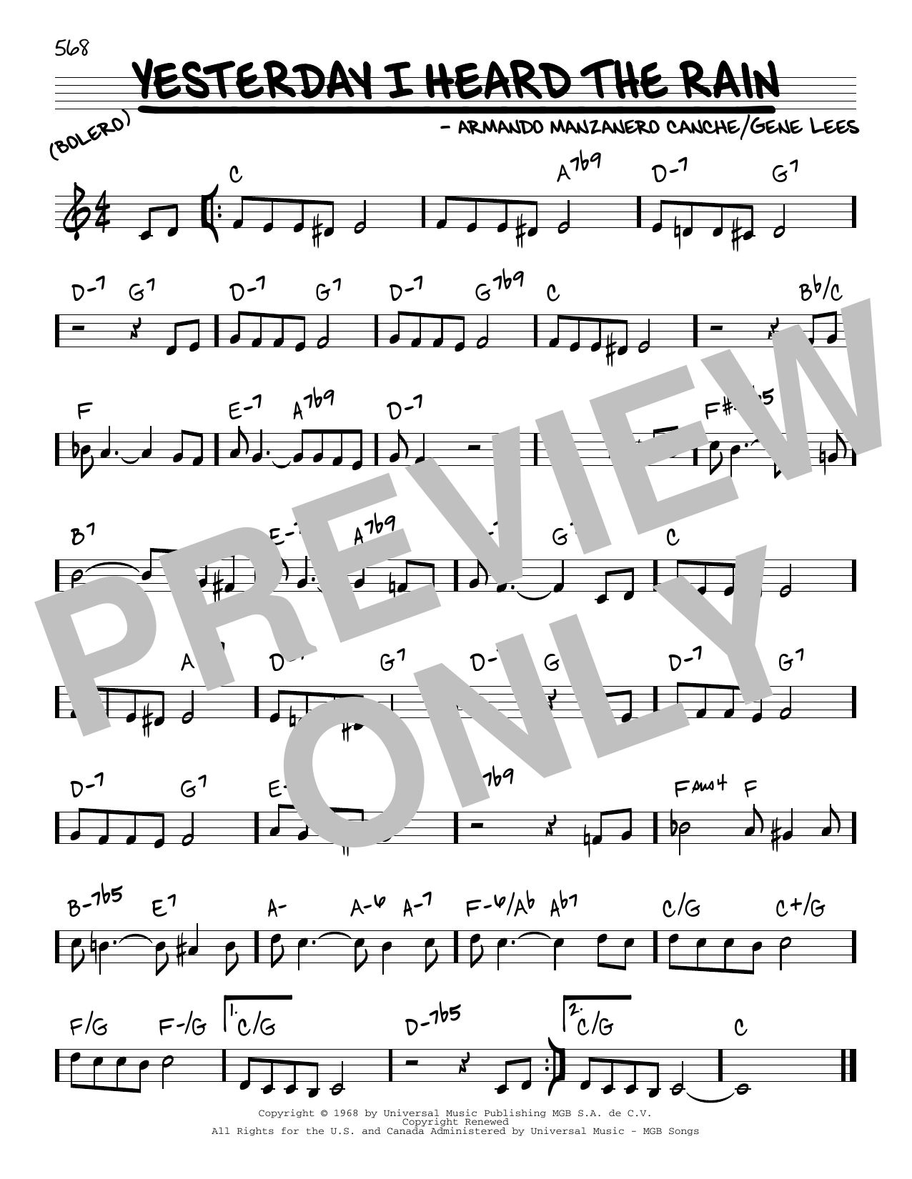 Download Armando Manzanero Canche and Gene Lees Yesterday I Heard The Rain Sheet Music and learn how to play Real Book – Melody & Chords PDF digital score in minutes