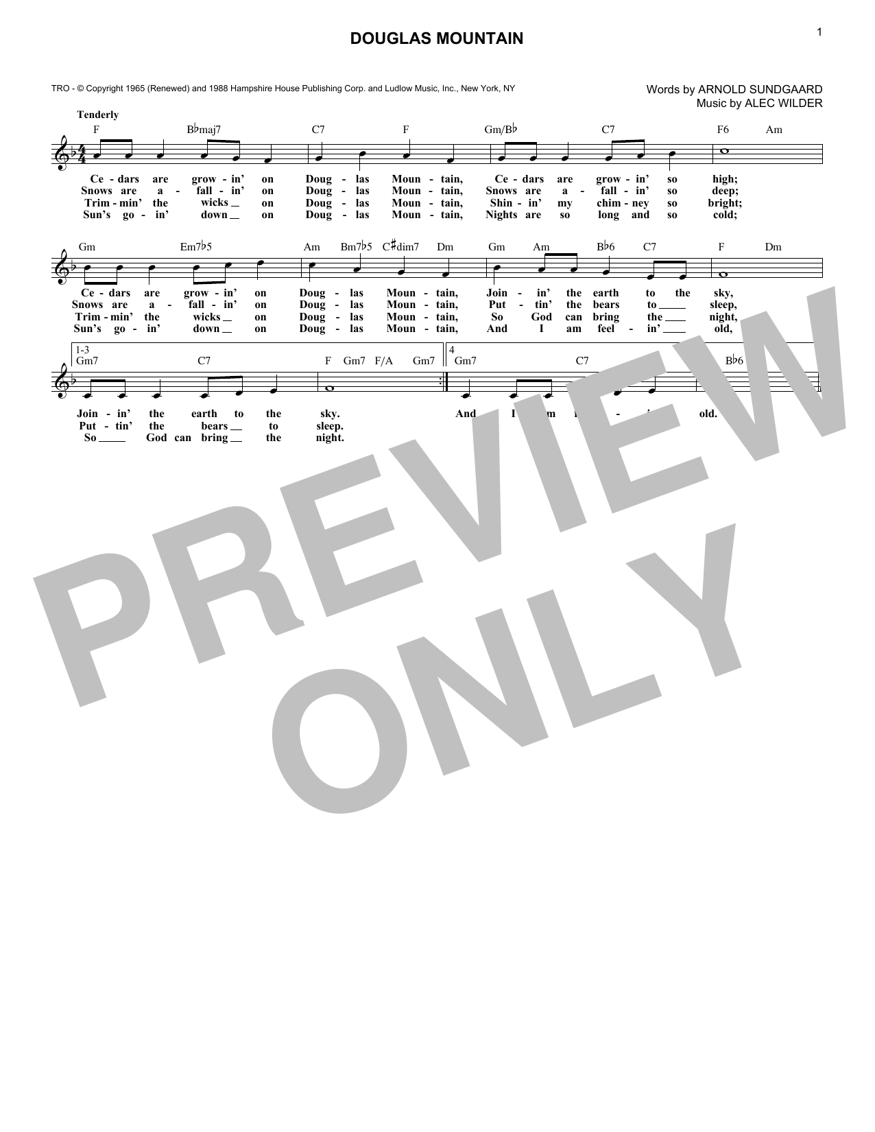 Download Arnold Sundgaard Douglas Mountain Sheet Music and learn how to play Melody Line, Lyrics & Chords PDF digital score in minutes
