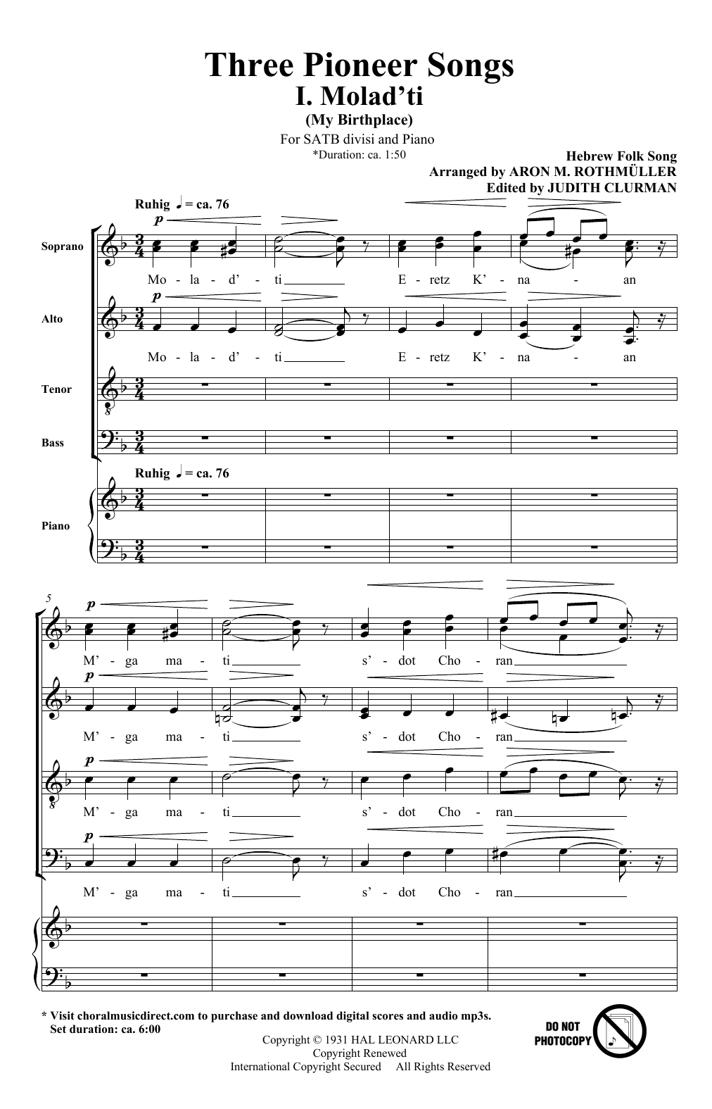 Download Aron M. Rothmuller Three Pioneer Songs Sheet Music and learn how to play SATB Choir PDF digital score in minutes