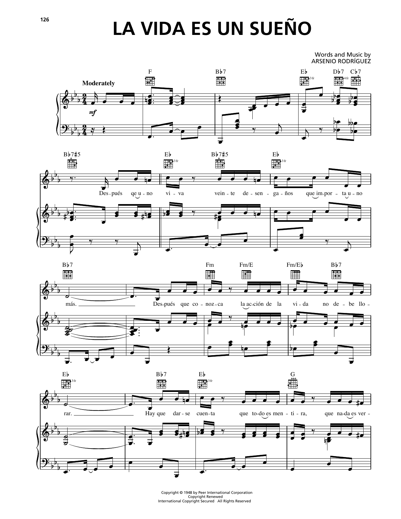 Download Arsenio Rodriguez La Vida Es Un Sueno Sheet Music and learn how to play Piano, Vocal & Guitar Chords (Right-Hand Melody) PDF digital score in minutes