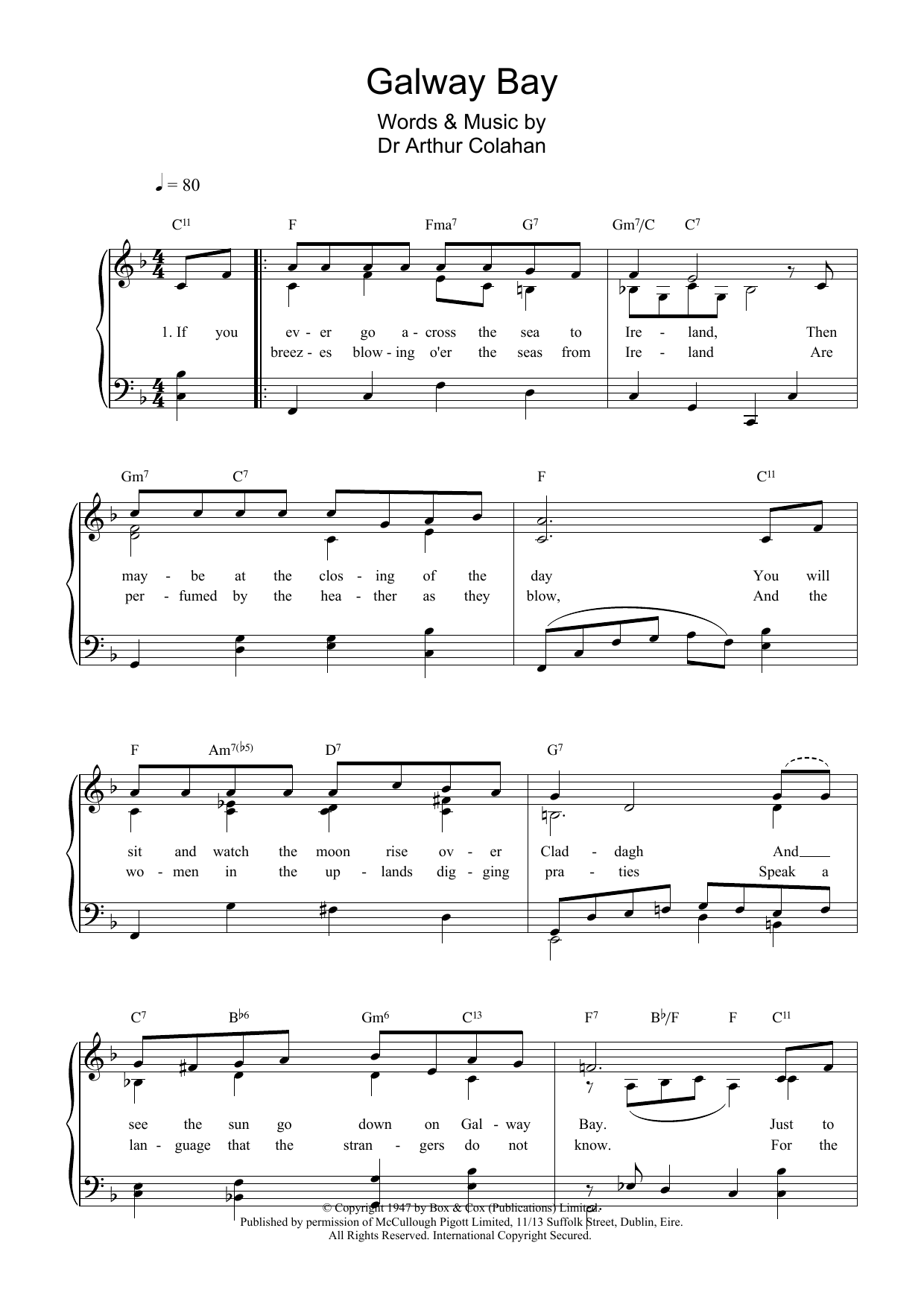 Download Arthur Colahan Galway Bay Sheet Music and learn how to play Piano, Vocal & Guitar (Right-Hand Melody) PDF digital score in minutes