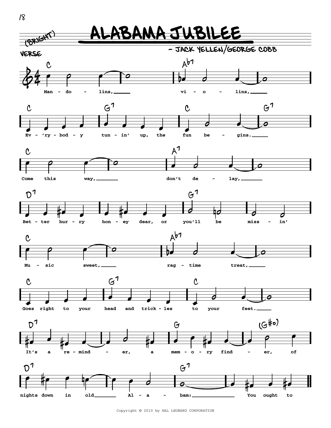 Download Arthur Collins & Byron Harlan Alabama Jubilee (arr. Robert Rawlins) Sheet Music and learn how to play Real Book – Melody, Lyrics & Chords PDF digital score in minutes