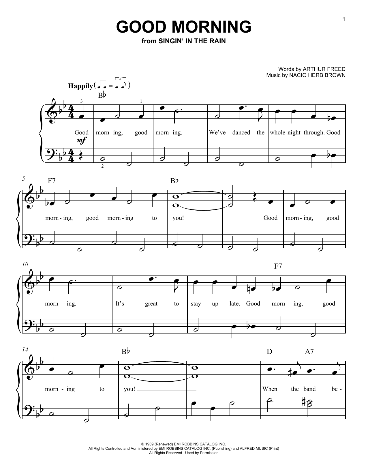 Download Arthur Freed Good Morning (from Singin' In The Rain) Sheet Music and learn how to play Easy Piano PDF digital score in minutes