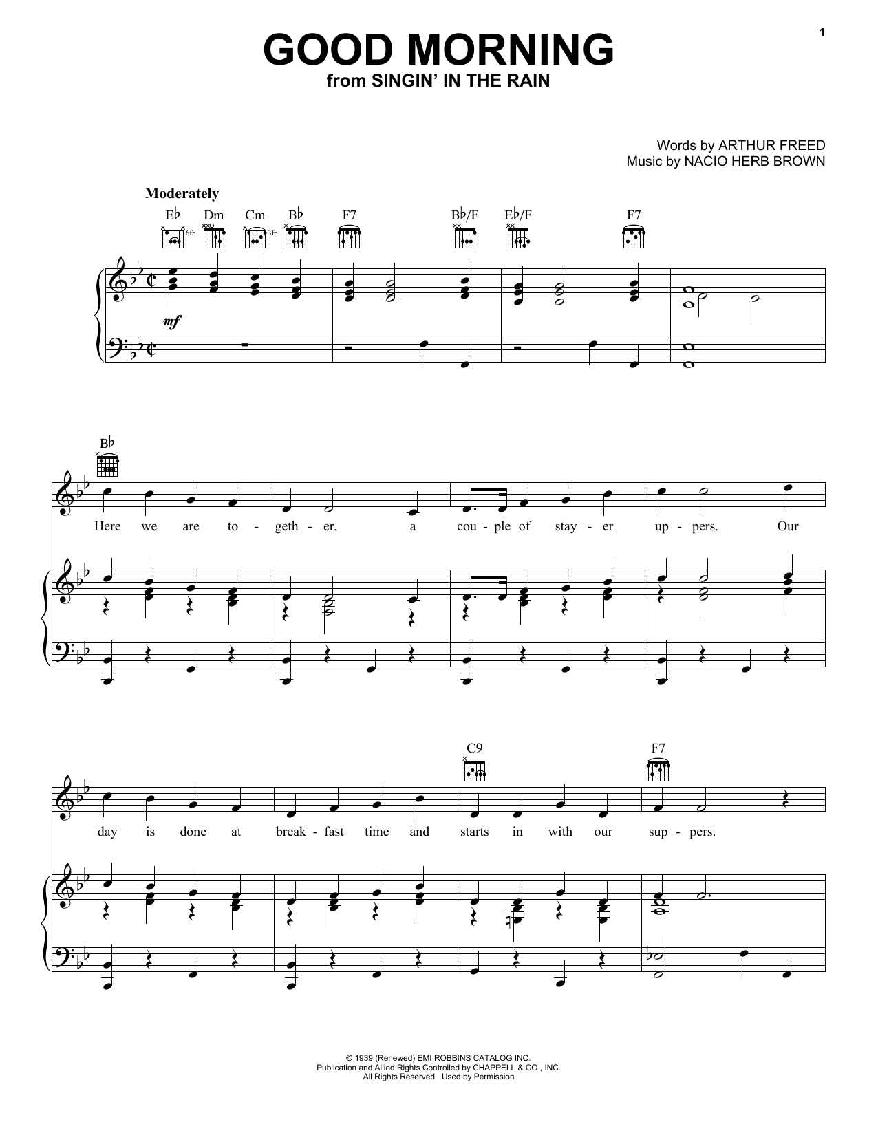 Download Arthur Freed Good Morning Sheet Music and learn how to play Piano, Vocal & Guitar (Right-Hand Melody) PDF digital score in minutes