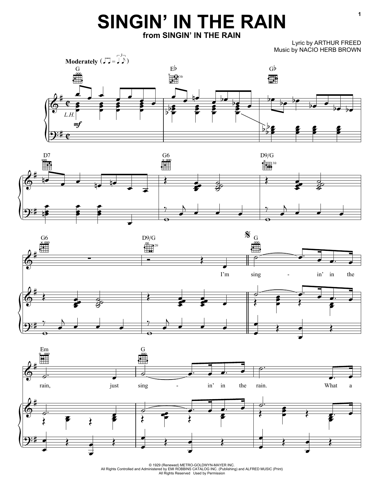 Download Arthur Freed Singin' In The Rain Sheet Music and learn how to play Piano, Vocal & Guitar (Right-Hand Melody) PDF digital score in minutes