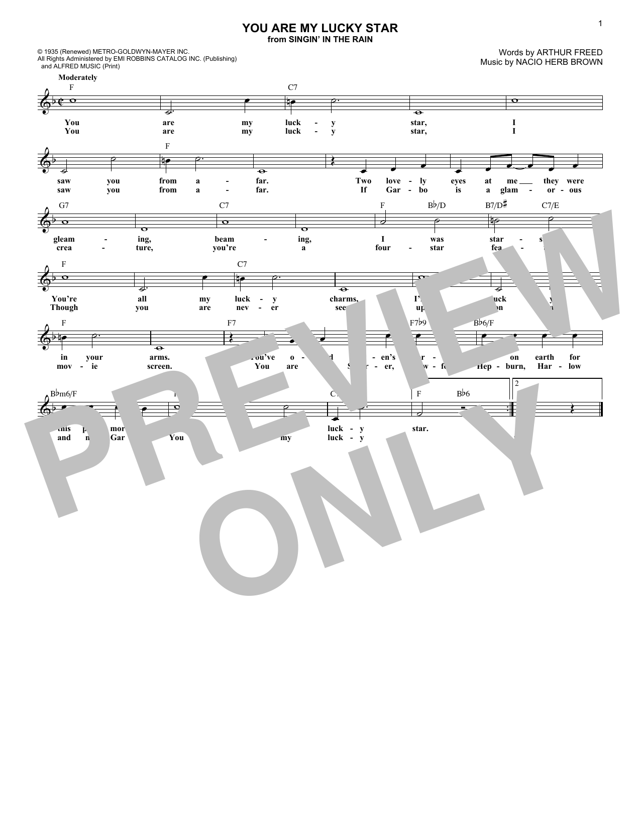 Download Arthur Freed You Are My Lucky Star Sheet Music and learn how to play Melody Line, Lyrics & Chords PDF digital score in minutes