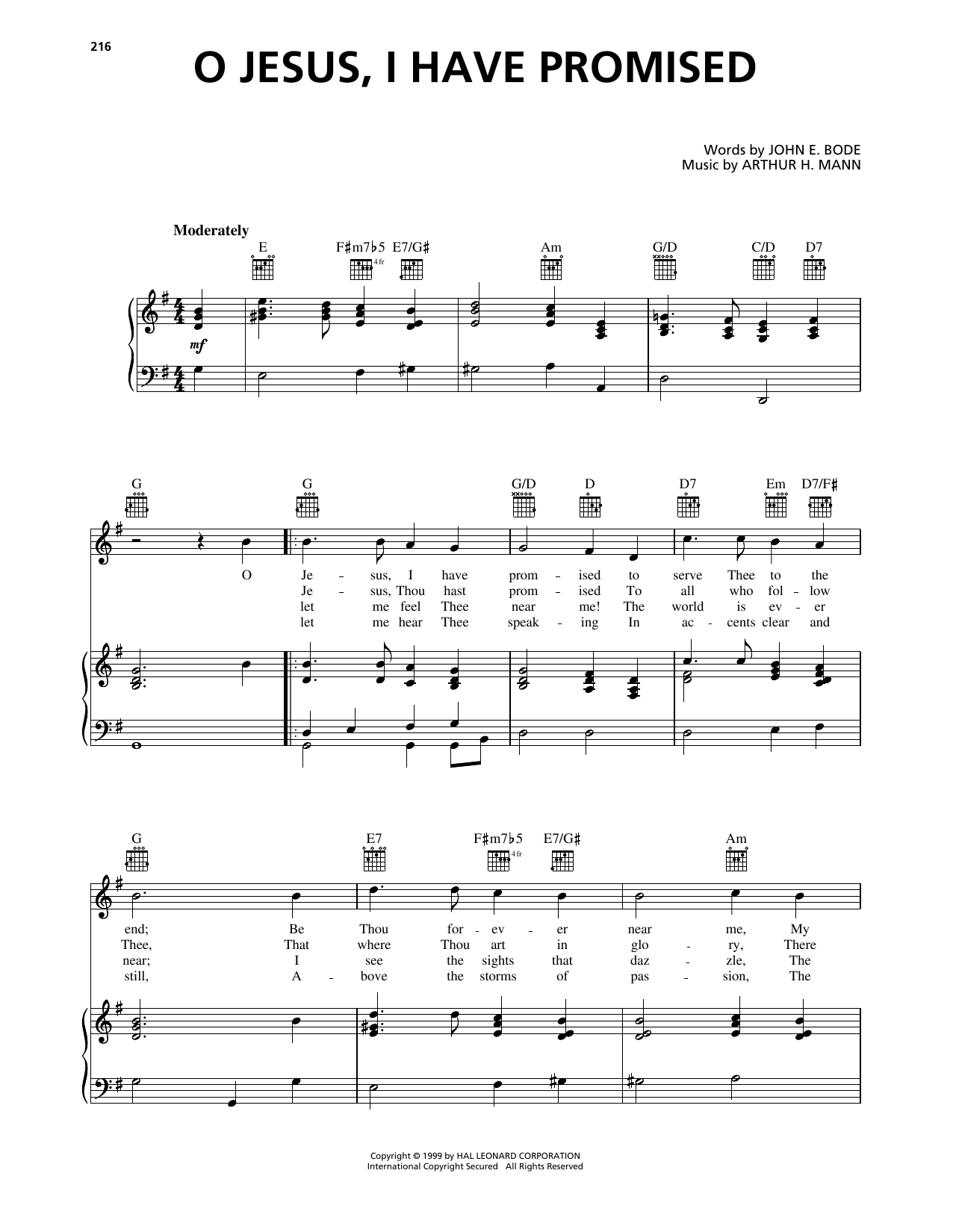 Download Arthur H. Mann O Jesus, I Have Promised Sheet Music and learn how to play Piano, Vocal & Guitar Chords (Right-Hand Melody) PDF digital score in minutes