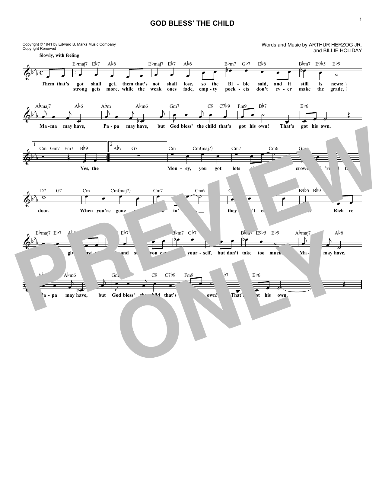 Download Arthur Herzog Jr. God Bless' The Child Sheet Music and learn how to play Lead Sheet / Fake Book PDF digital score in minutes