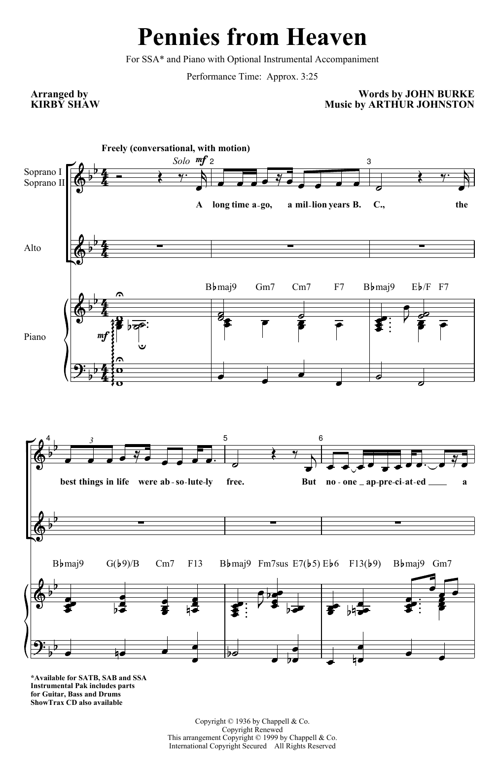 Download Arthur Johnston Pennies From Heaven (arr. Kirby Shaw) Sheet Music and learn how to play SAB Choir PDF digital score in minutes