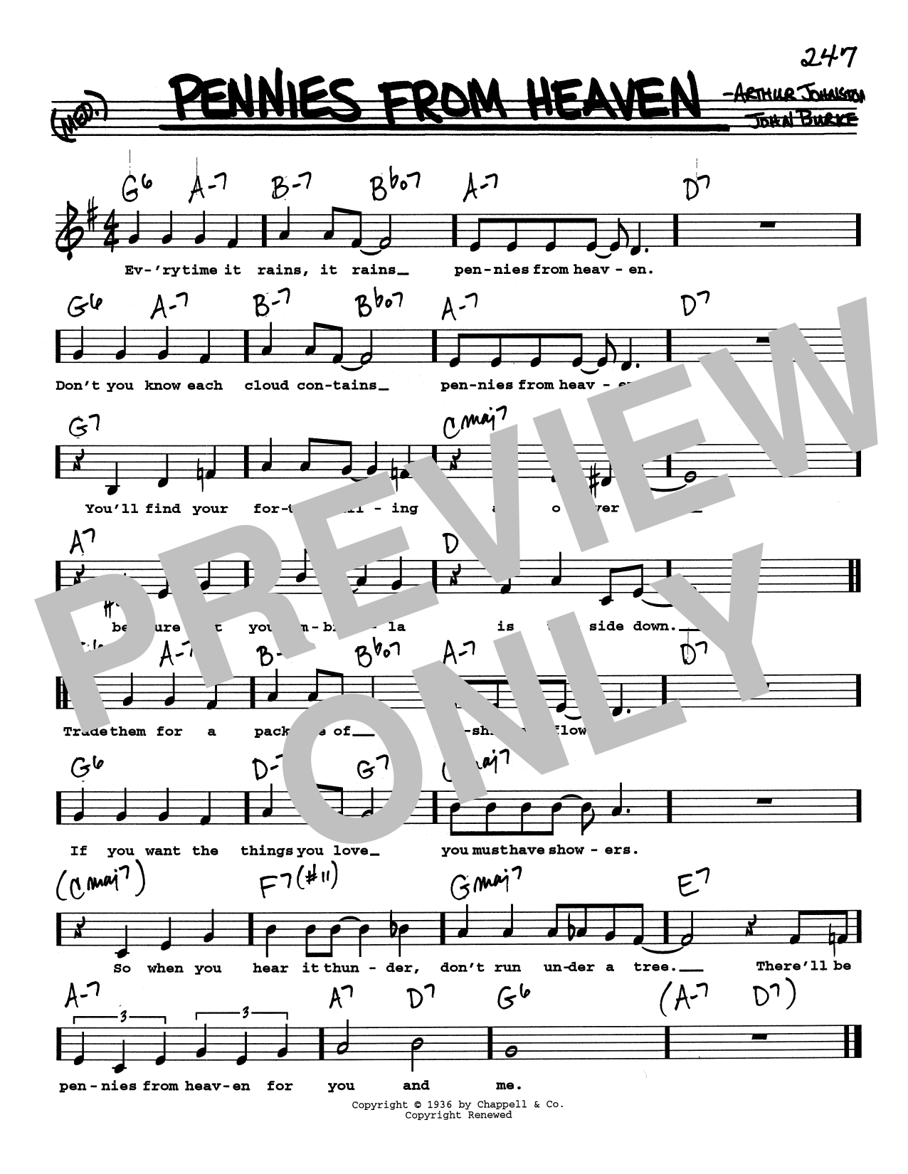 Download Arthur Johnston Pennies From Heaven (Low Voice) Sheet Music and learn how to play Real Book – Melody, Lyrics & Chords PDF digital score in minutes