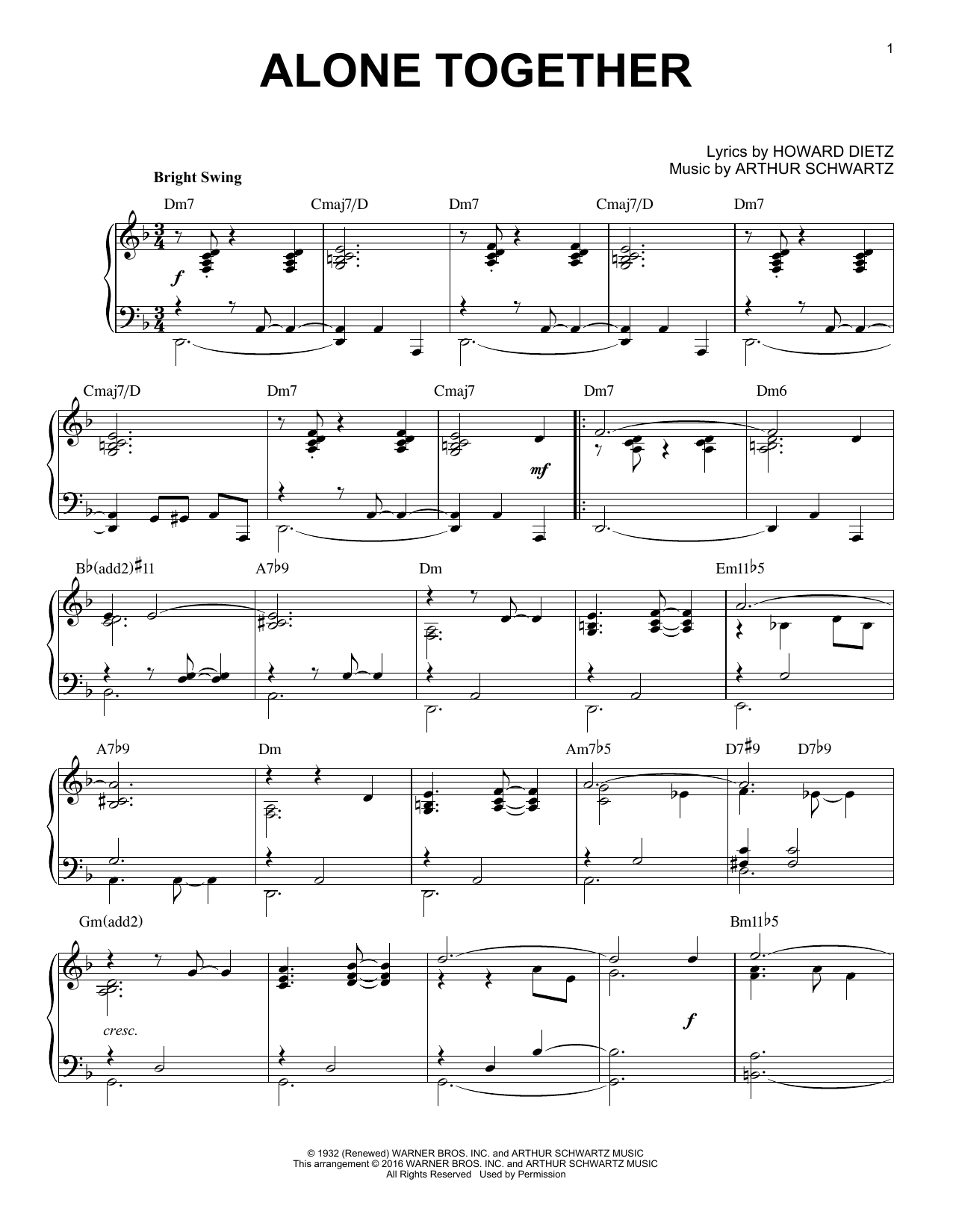Download Arthur Schwartz Alone Together Sheet Music and learn how to play Piano PDF digital score in minutes