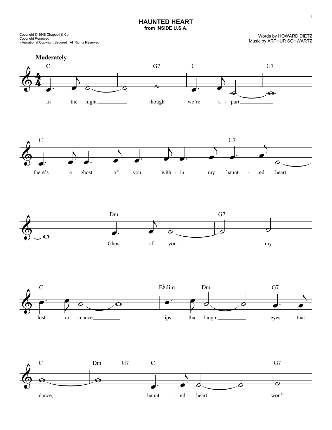 Download Arthur Schwartz Haunted Heart Sheet Music and learn how to play Melody Line, Lyrics & Chords PDF digital score in minutes