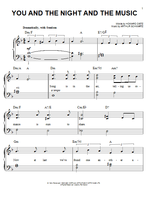 Download Arthur Schwartz You And The Night And The Music Sheet Music and learn how to play Easy Piano PDF digital score in minutes