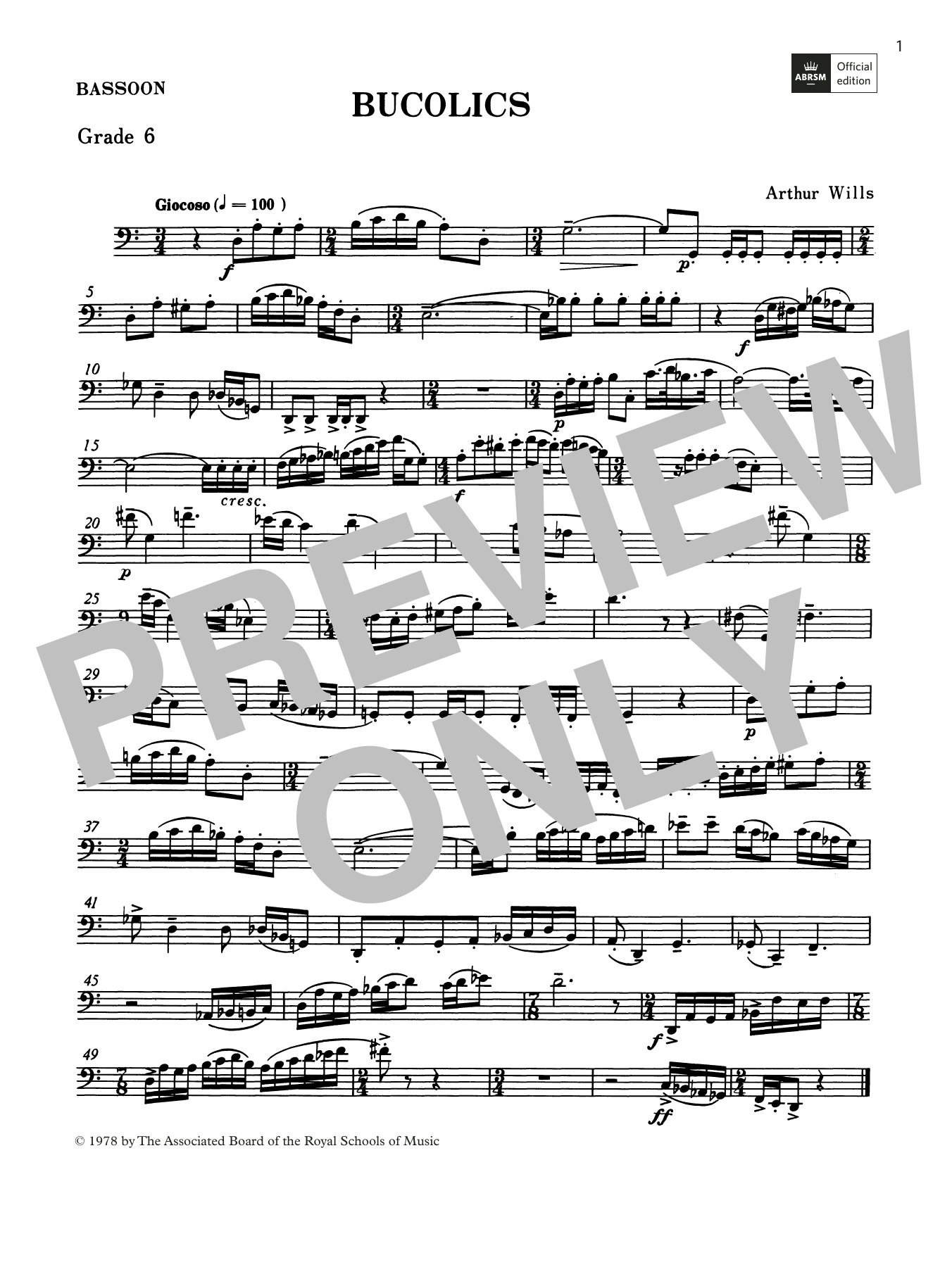 Download Arthur Wills Bucolics (Grade 6 List C10 from the ABRSM Bassoon syllabus from 2022) Sheet Music and learn how to play Woodwind Solo PDF digital score in minutes