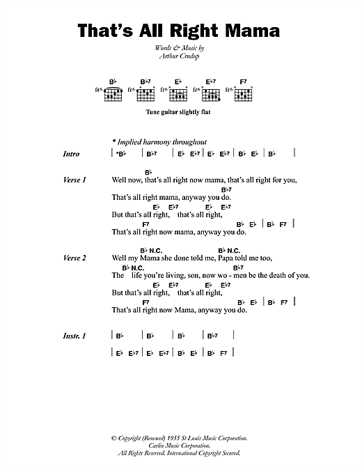 Download Arthur Crudup That's All Right Mama Sheet Music and learn how to play Lyrics & Chords PDF digital score in minutes