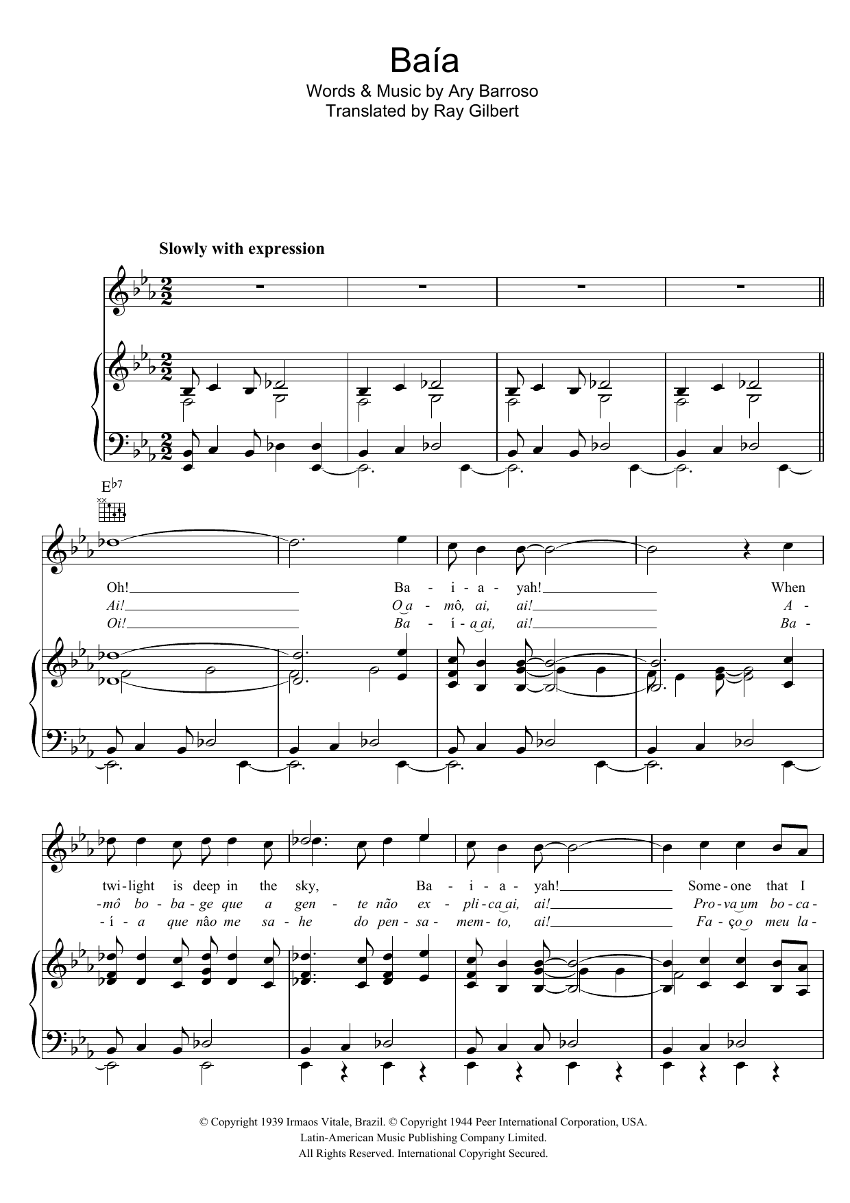Download Ary Barroso Baia Sheet Music and learn how to play Piano, Vocal & Guitar (Right-Hand Melody) PDF digital score in minutes