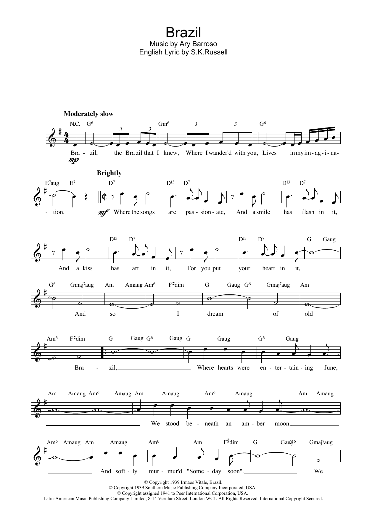 Download Ary Barroso Brazil Sheet Music and learn how to play Lead Sheet / Fake Book PDF digital score in minutes