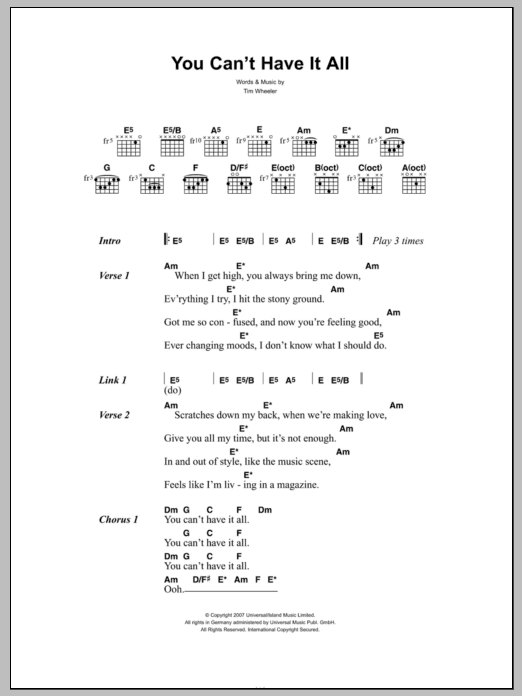 Download Ash You Can't Have It All Sheet Music and learn how to play Lyrics & Chords PDF digital score in minutes