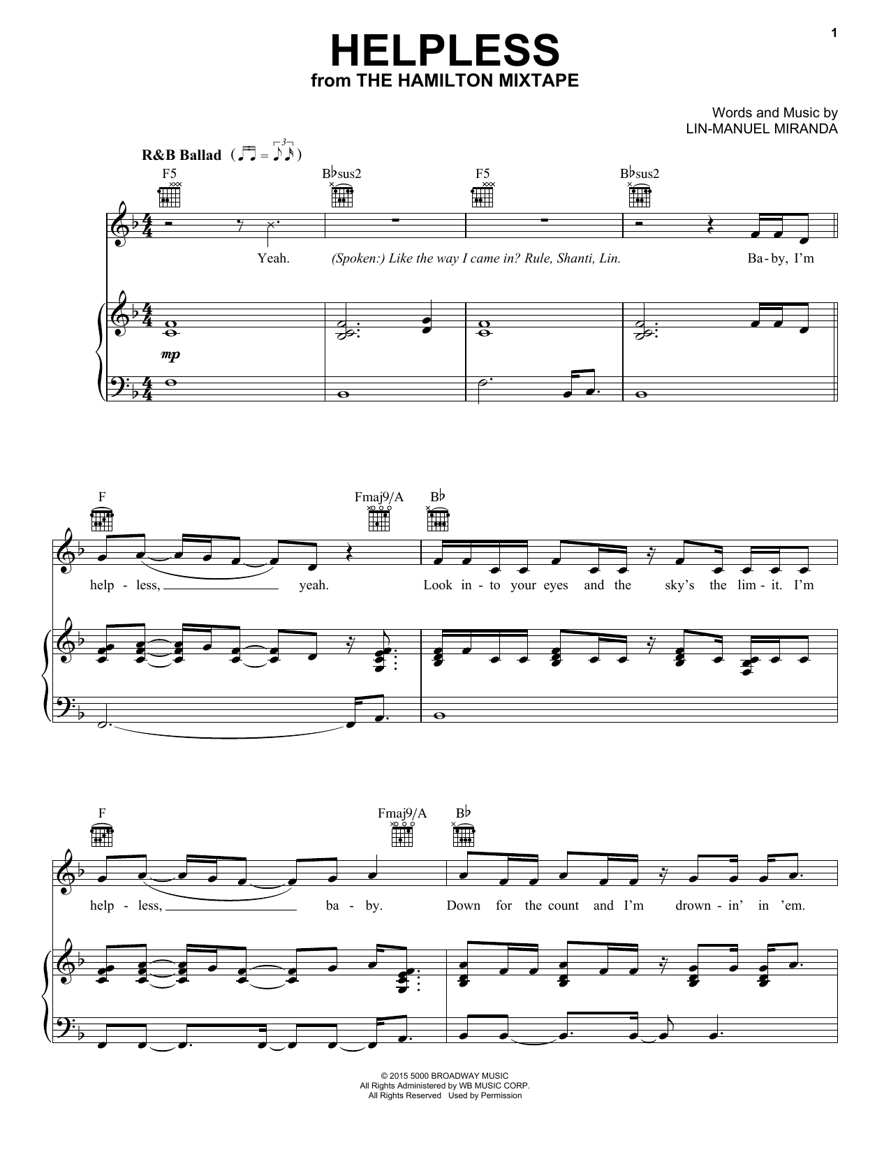 Download Lin-Manuel Miranda Helpless Sheet Music and learn how to play Piano, Vocal & Guitar (Right-Hand Melody) PDF digital score in minutes