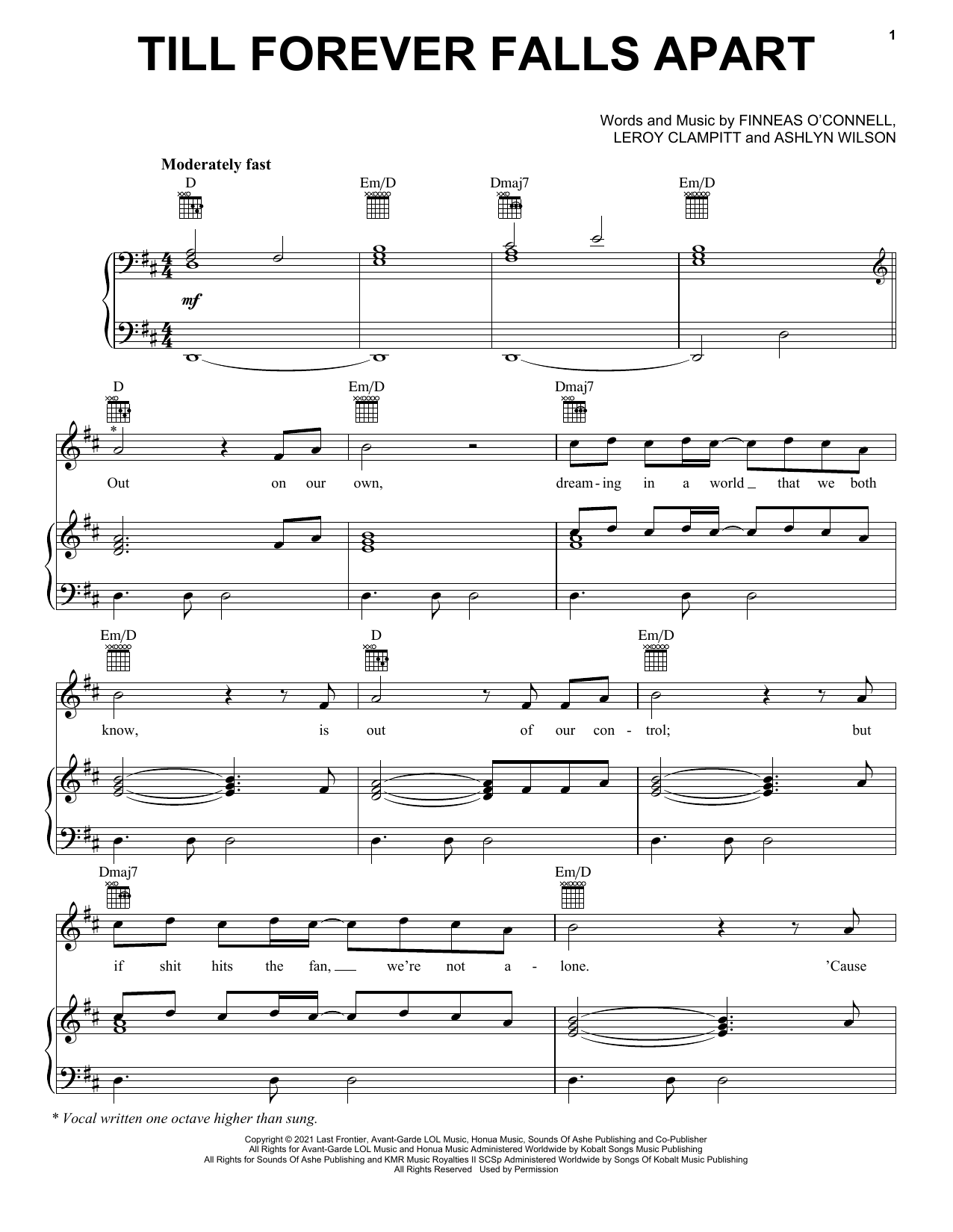 Download Ashe & FINNEAS Till Forever Falls Apart Sheet Music and learn how to play Piano, Vocal & Guitar Chords (Right-Hand Melody) PDF digital score in minutes