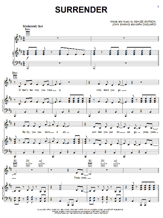 Download Ashlee Simpson Surrender Sheet Music and learn how to play Piano, Vocal & Guitar (Right-Hand Melody) PDF digital score in minutes