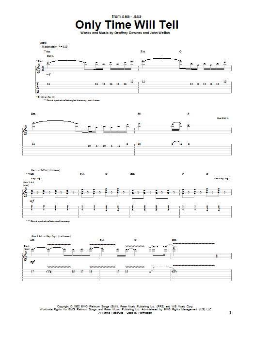 Download Asia Only Time Will Tell Sheet Music and learn how to play Guitar Tab PDF digital score in minutes