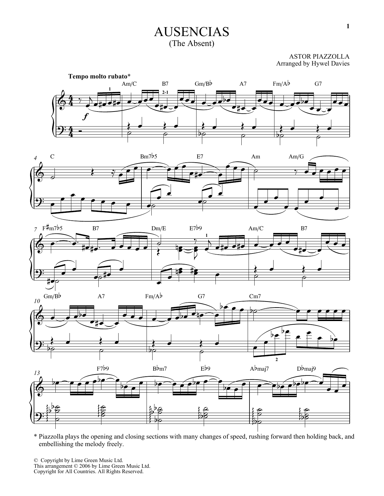 Download Astor Piazzolla Ausencias Sheet Music and learn how to play Piano Solo PDF digital score in minutes