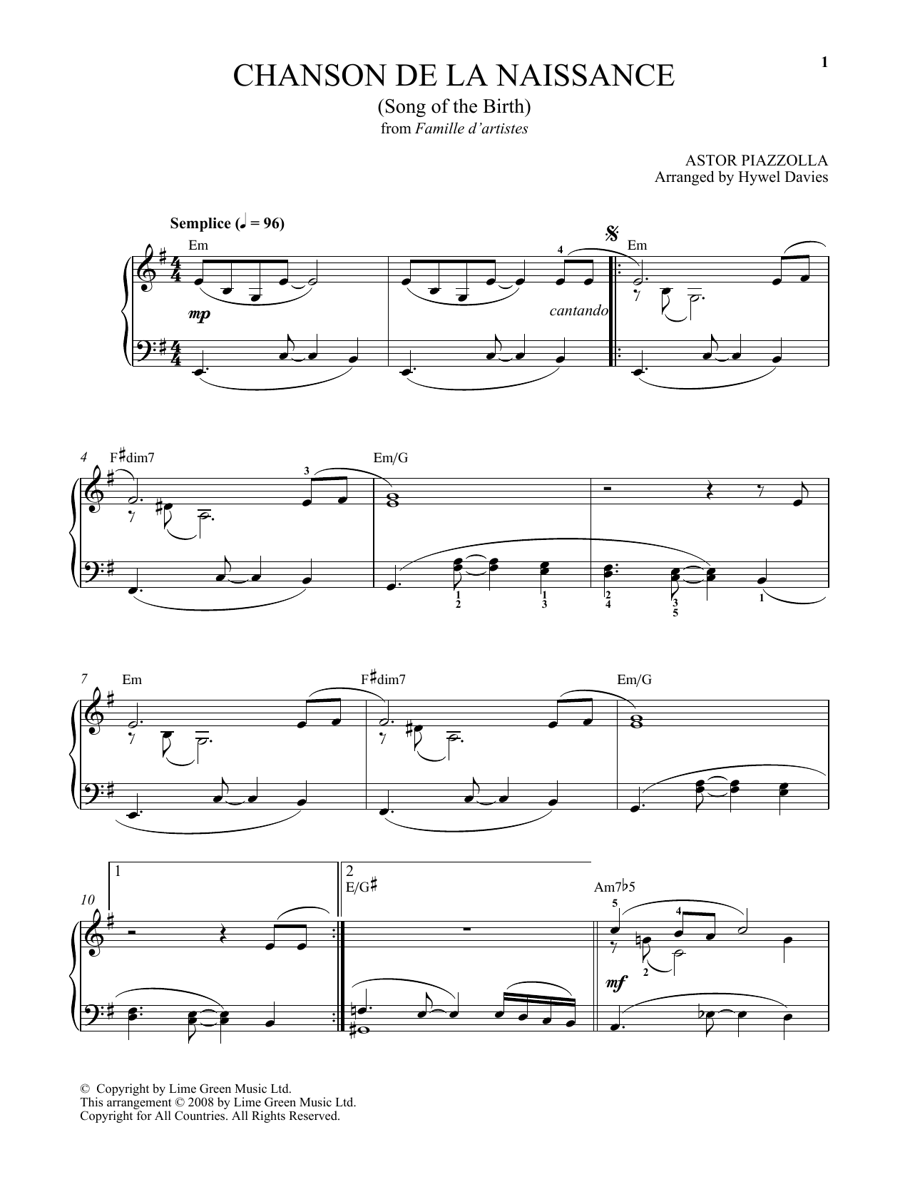 Download Astor Piazzolla Chanson De La Naissance Sheet Music and learn how to play Easy Piano PDF digital score in minutes