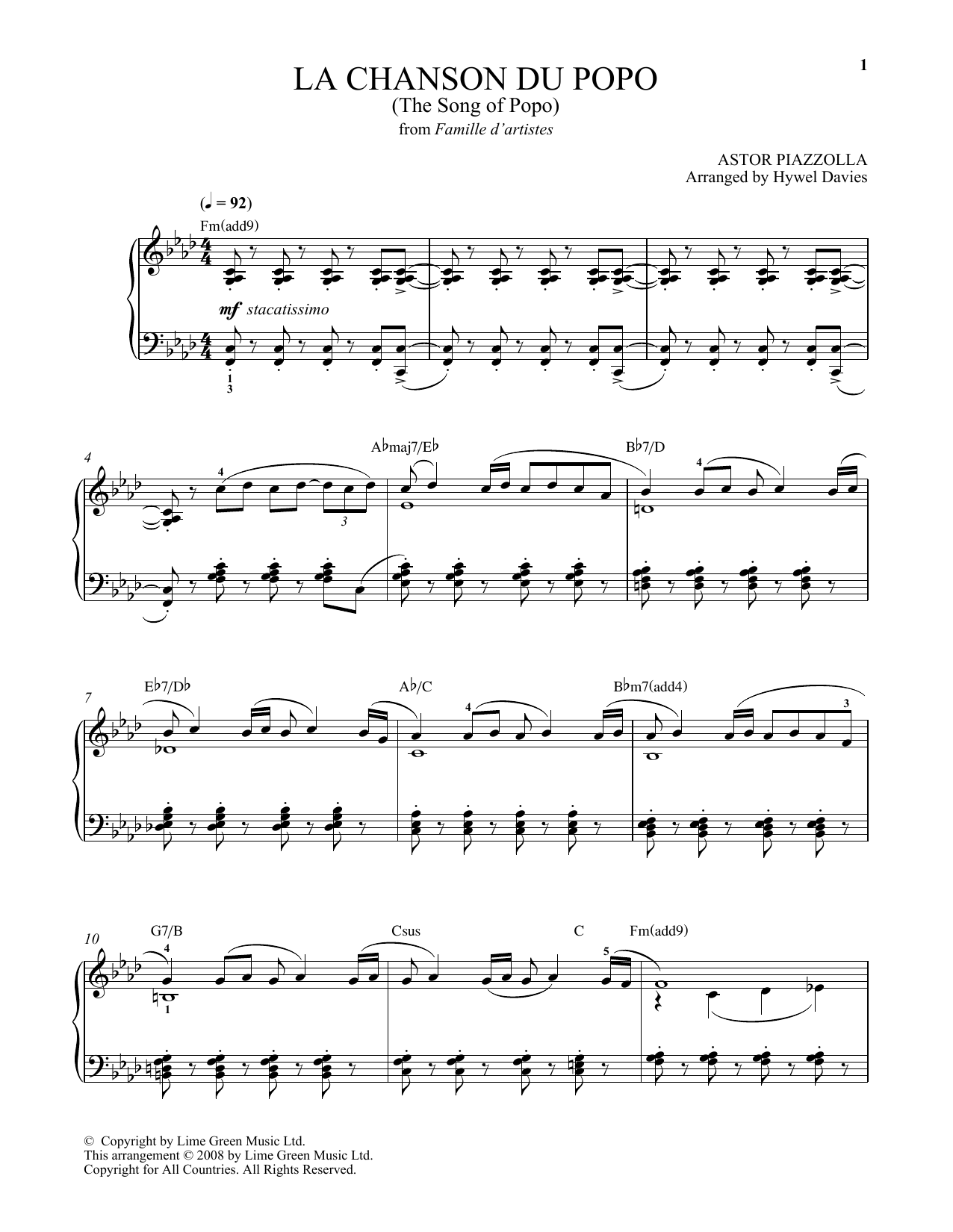 Download Astor Piazzolla La Chanson Du Popo Sheet Music and learn how to play Piano Solo PDF digital score in minutes