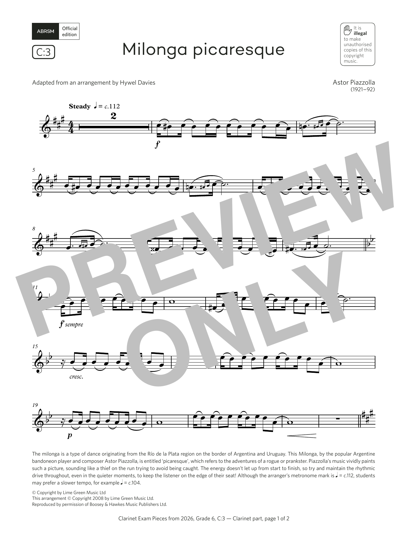Download Astor Piazzolla Milonga picaresque (Grade 6, list C3, from the ABRSM Clarinet Syllabus from 2026 Sheet Music and learn how to play Clarinet Solo PDF digital score in minutes