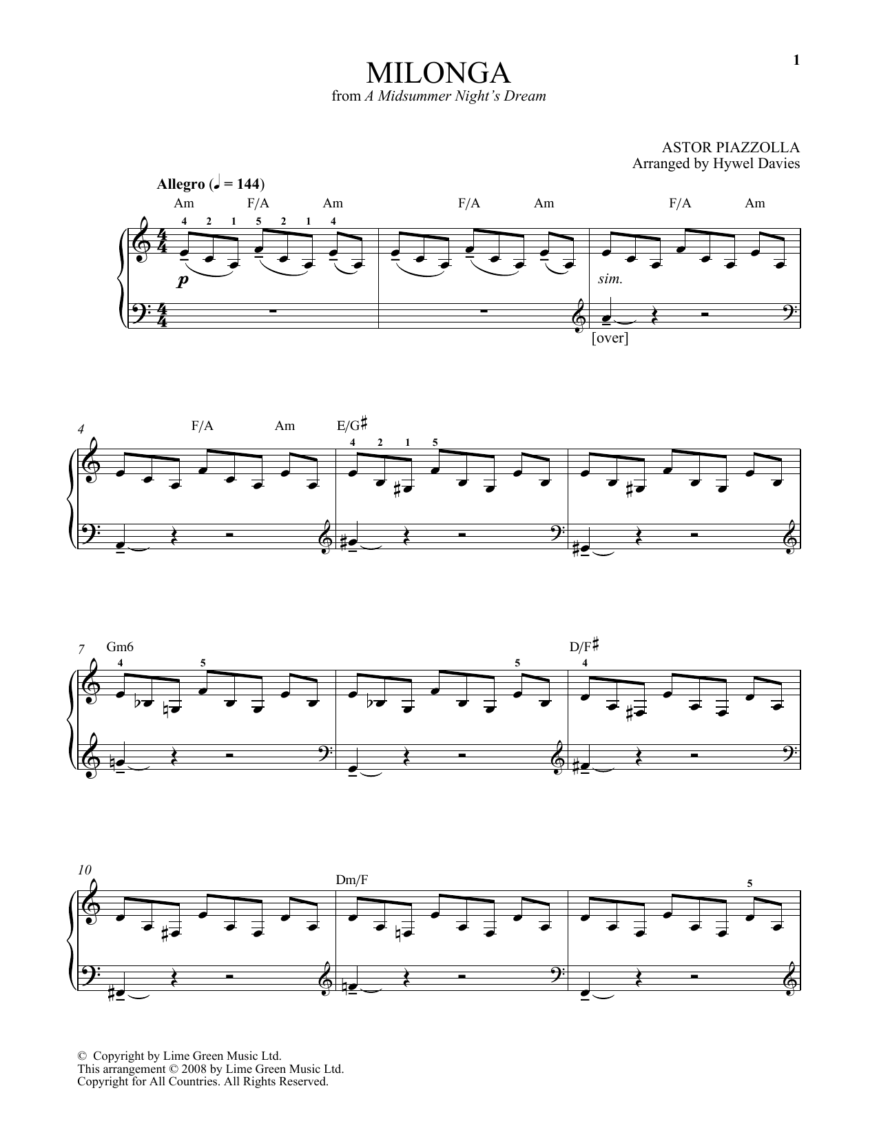 Download Astor Piazzolla Milonga Sheet Music and learn how to play Piano Solo PDF digital score in minutes