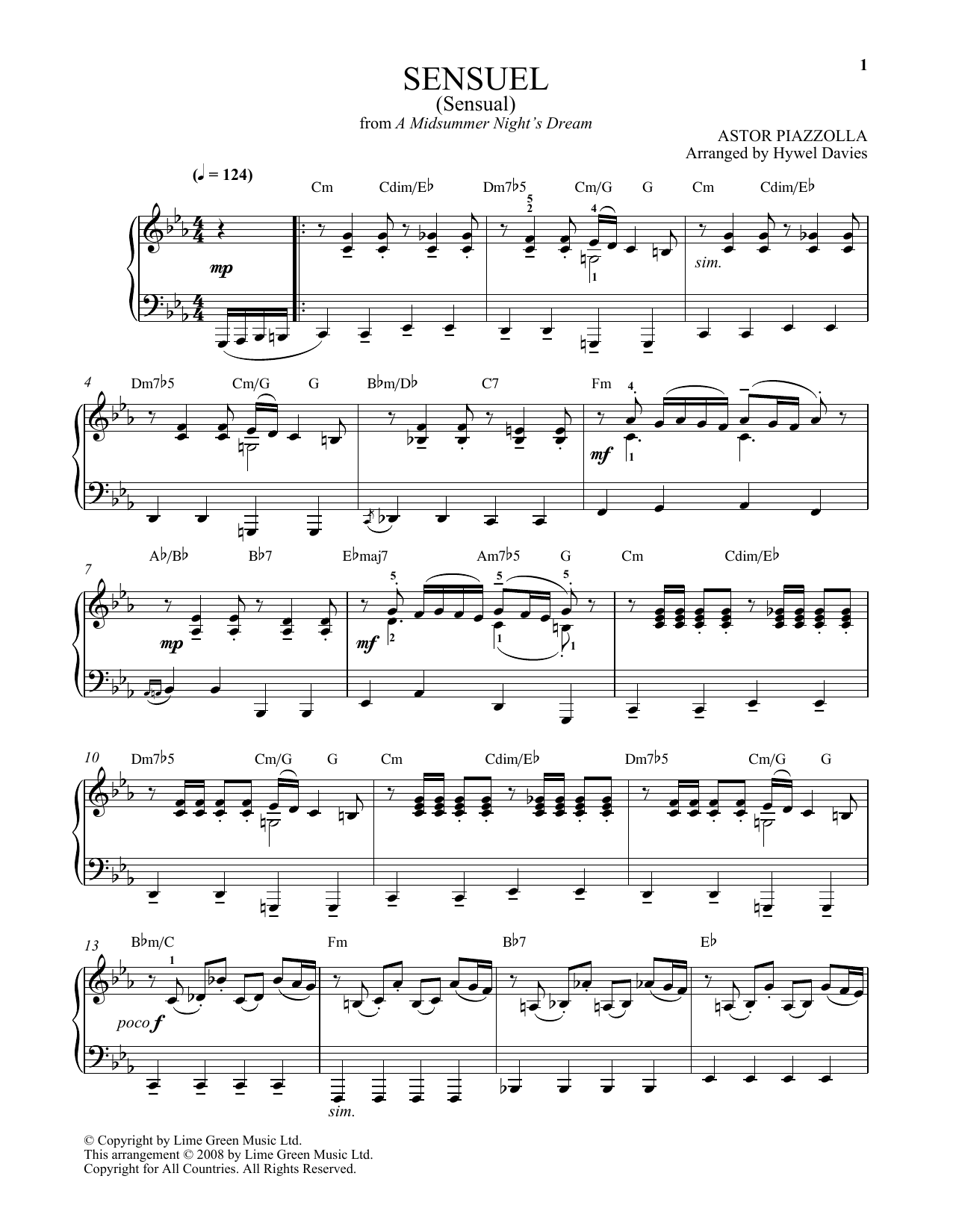 Download Astor Piazzolla Sensuel Sheet Music and learn how to play Easy Piano PDF digital score in minutes