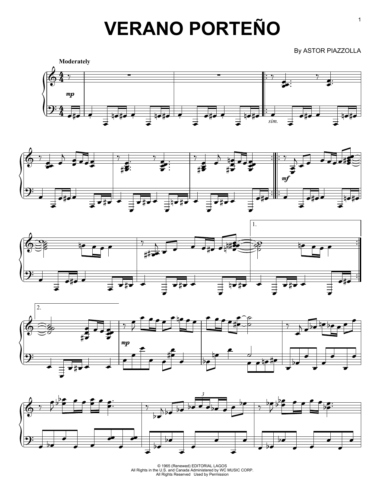 Download Astor Piazzolla Verano Porteno Sheet Music and learn how to play Piano Solo PDF digital score in minutes