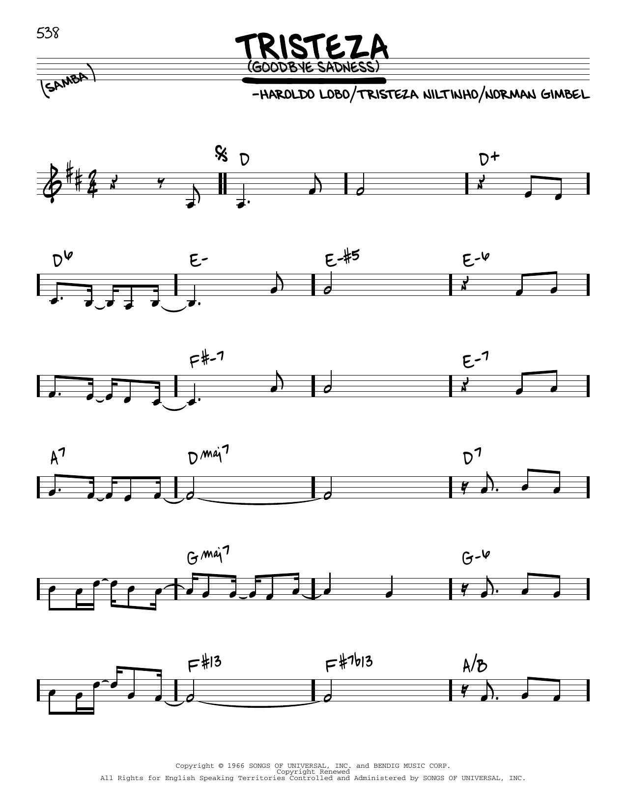 Download Astrud Gilberto Goodbye Sadness Sheet Music and learn how to play Real Book – Melody & Chords PDF digital score in minutes