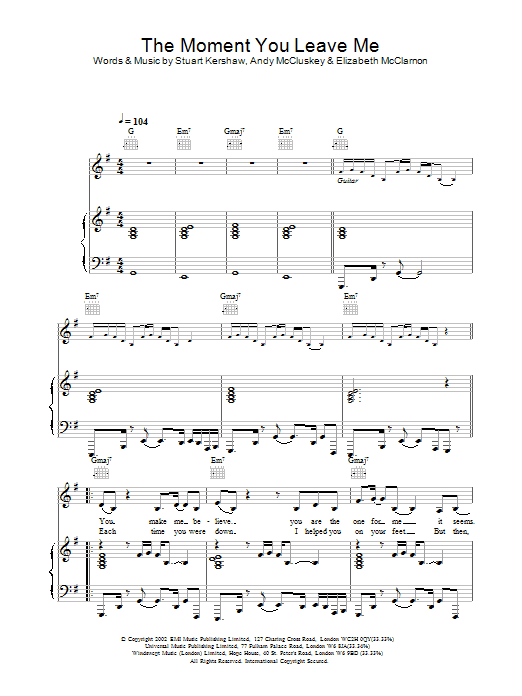 Download Atomic Kitten The Moment You Leave Me Sheet Music and learn how to play Piano, Vocal & Guitar PDF digital score in minutes