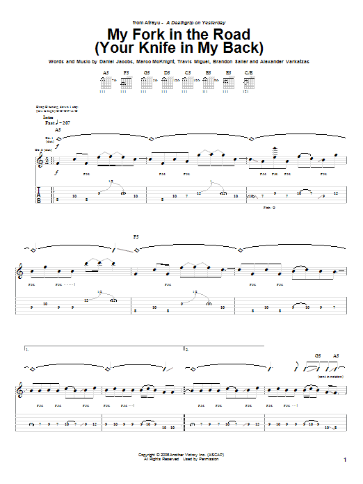 Download Atreyu My Fork In The Road (Your Knife In My Back) Sheet Music and learn how to play Guitar Tab PDF digital score in minutes