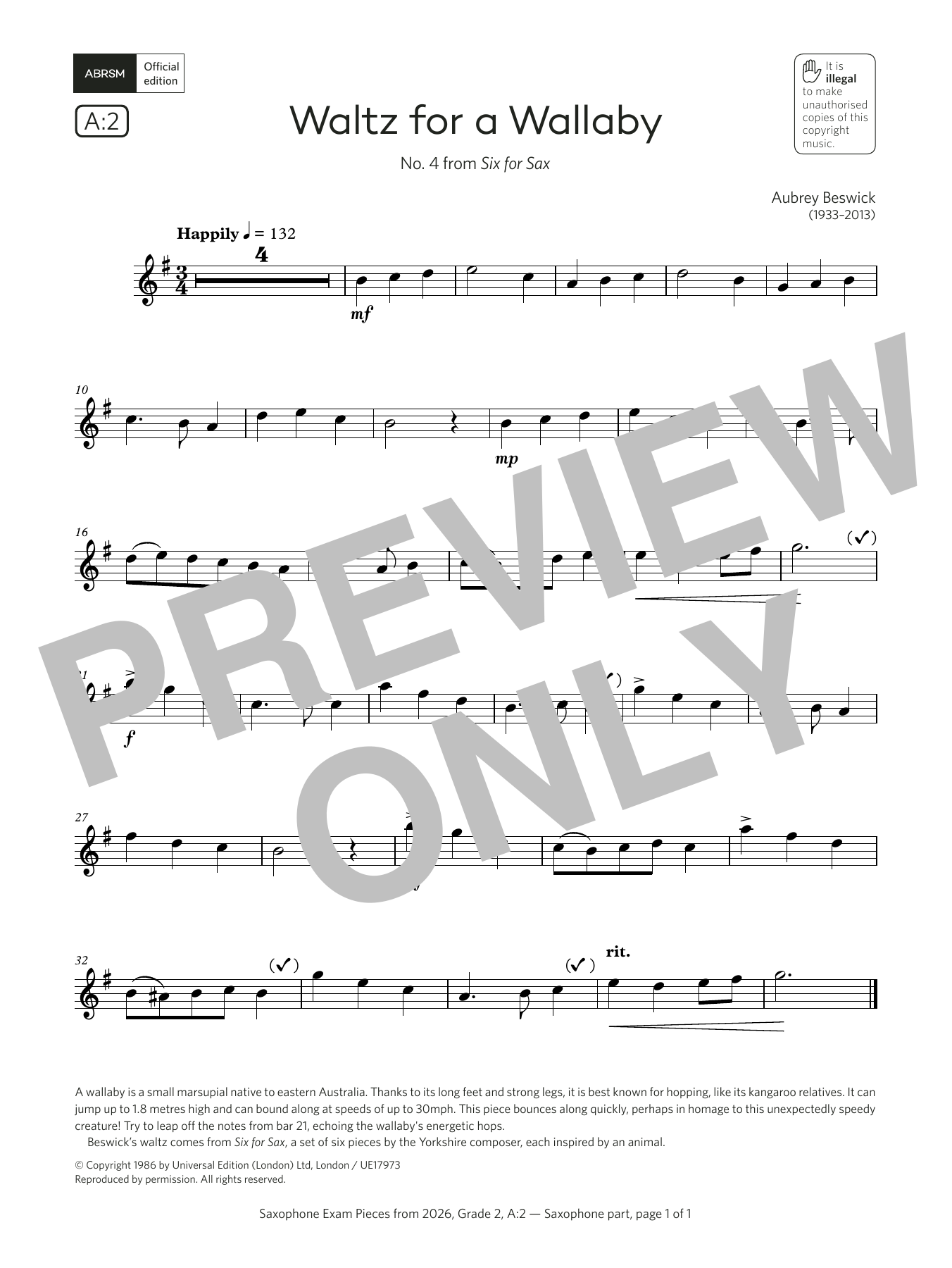 Download Aubrey Beswick Waltz for a Wallaby (Grade 2, list A2, from the ABRSM Saxophone Syllabus from 20 Sheet Music and learn how to play Alto Sax Solo PDF digital score in minutes