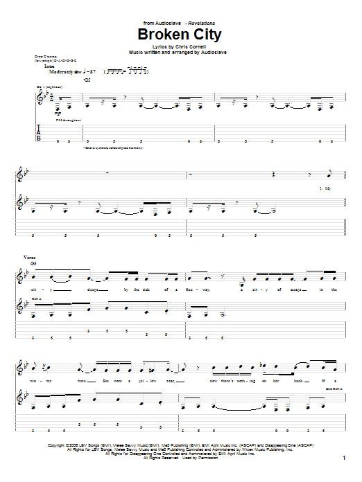 Download Audioslave Broken City Sheet Music and learn how to play Guitar Tab PDF digital score in minutes