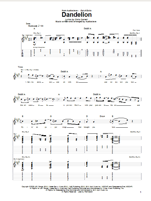 Download Audioslave Dandelion Sheet Music and learn how to play Guitar Tab PDF digital score in minutes