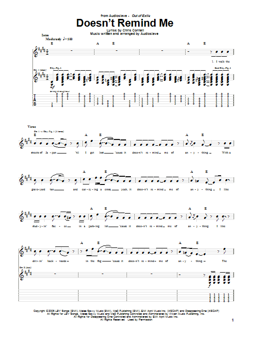 Download Audioslave Doesn't Remind Me Sheet Music and learn how to play Guitar Tab PDF digital score in minutes