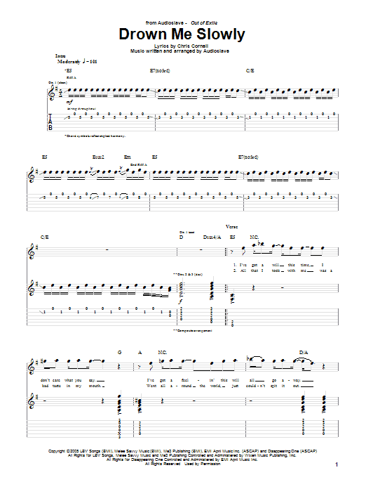 Download Audioslave Drown Me Slowly Sheet Music and learn how to play Guitar Tab PDF digital score in minutes