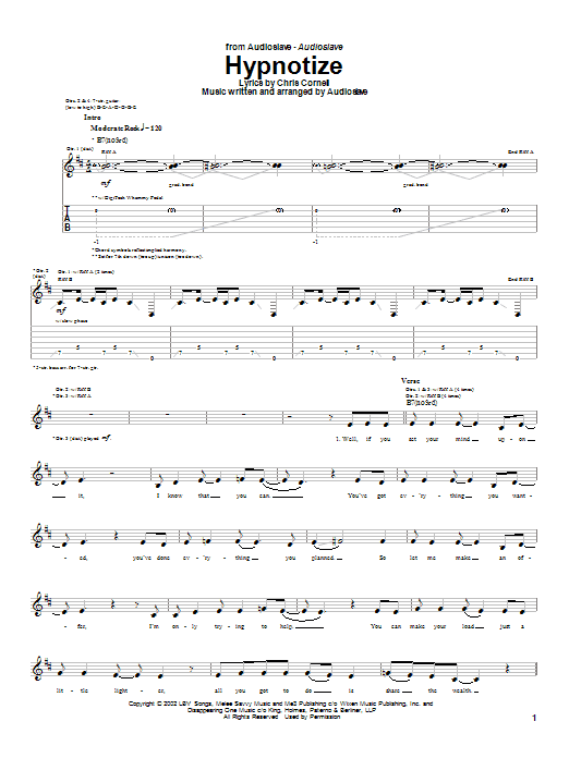 Download Audioslave Hypnotize Sheet Music and learn how to play Guitar Tab PDF digital score in minutes