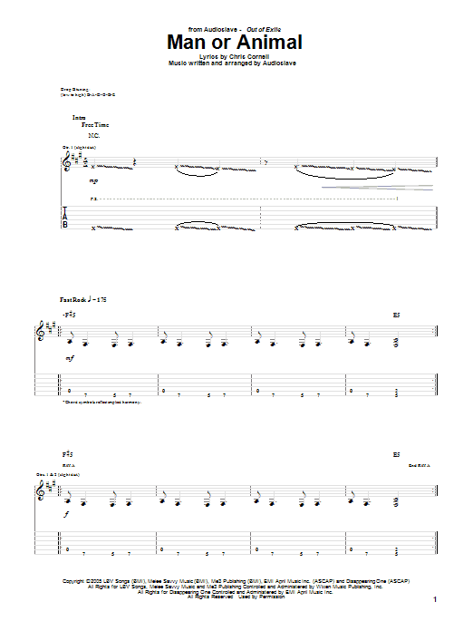 Download Audioslave Man Or Animal Sheet Music and learn how to play Guitar Tab PDF digital score in minutes